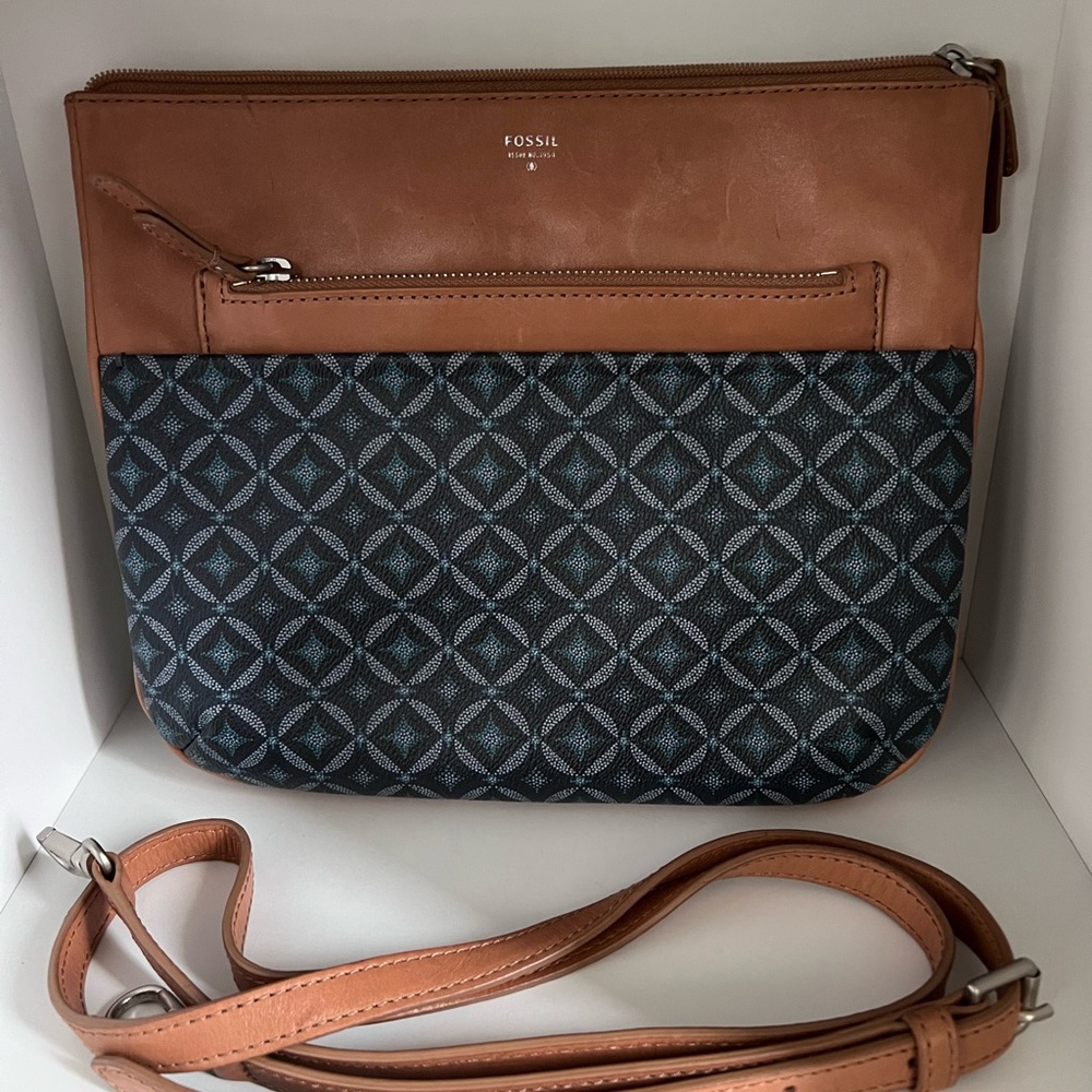 Fossil Brown and Blue Leather Crossbody Bag